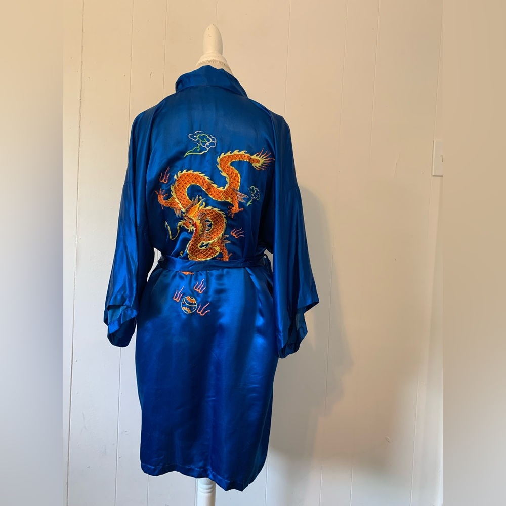 Vintage Pearls Blue Dragon 100% Silk Embroidered Chinese kimono Robe XL